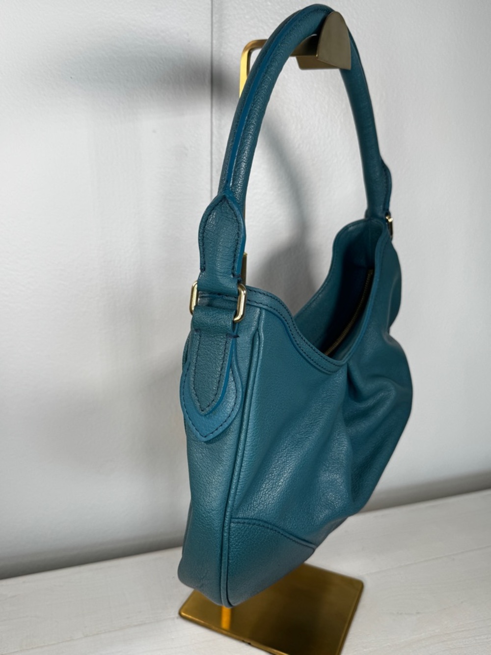 Burberry Pebbled Leather Shoulder Bag Teal Gold Hardware Quiet Luxury Hobo - Picture 2 of 14